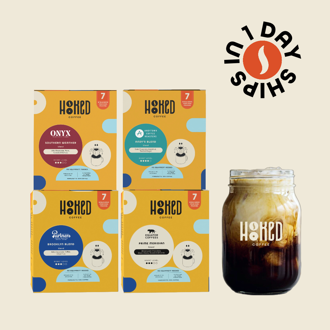 Assorted Hooked Coffee boxes displayed, featuring a Mason jar with Hooked Coffee logo. Accompanied by an icon indicating prompt shipping within 1 day