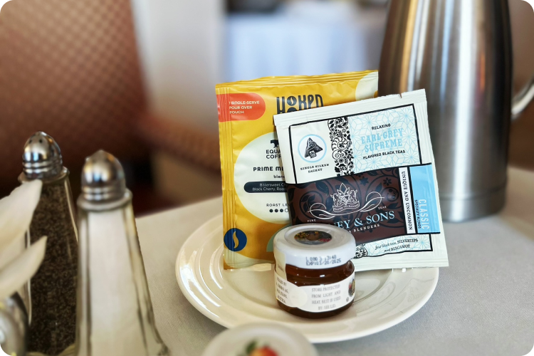 Hooked Coffee pour over pouches served for room service breakfast in luxury hotel